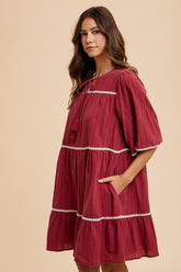 Annie Wear Bohemian Tassel Trim Tiered Cotton Dress - Half Sleeve & Tie Neck